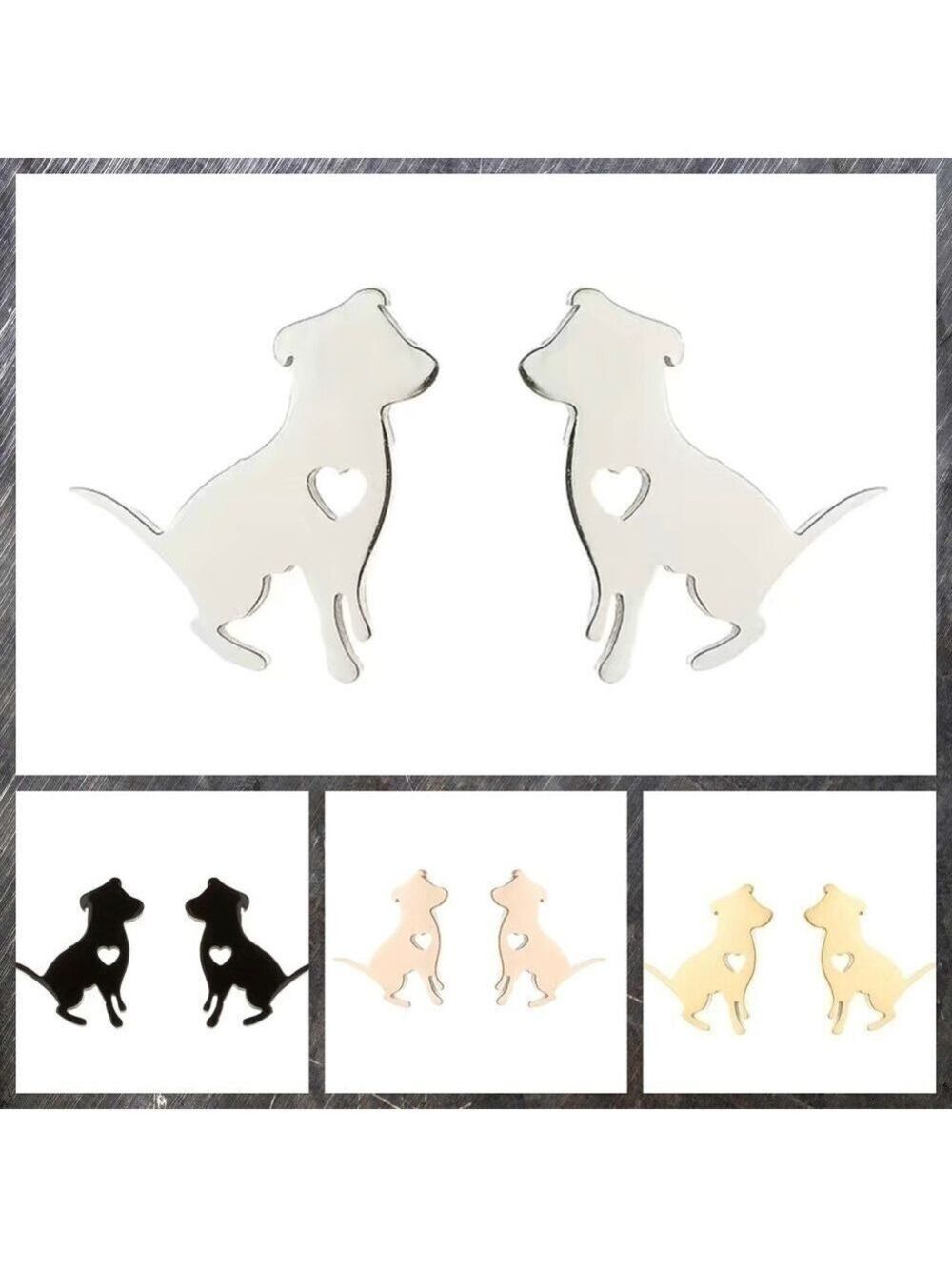 Dog Pitbull and Heart Stainless Steel Stud Earrings #812 (Color: Silver)